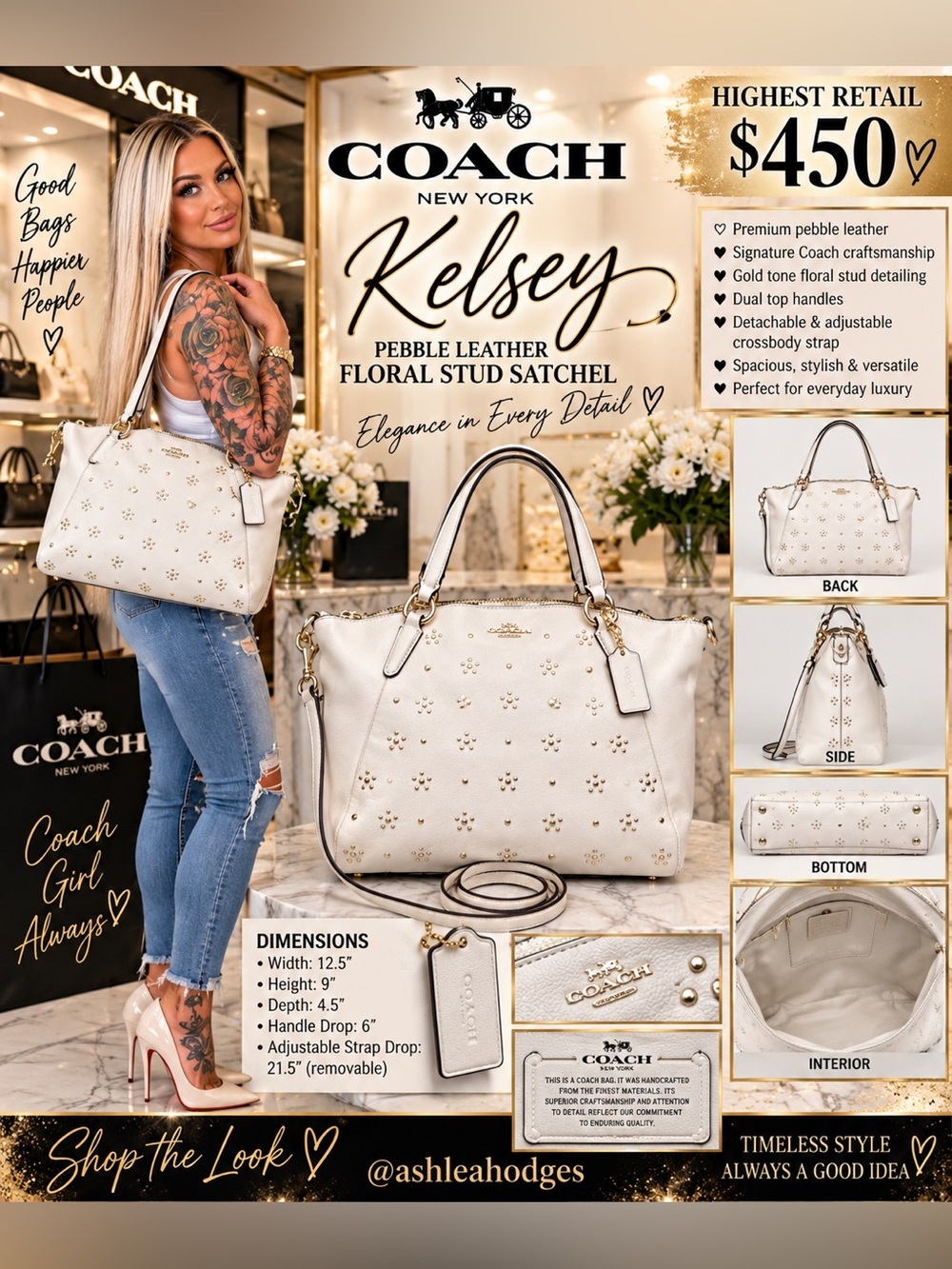 Coach Kelsey Leather Satchel in chalk and white with Gold Floral Studs/rivets